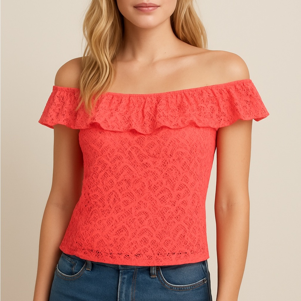 Express Vibrant Pink Lace Off-Shoulder Blouse